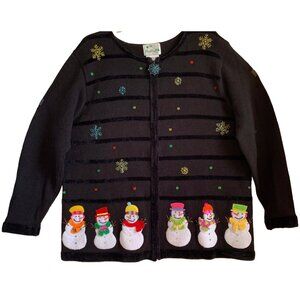 QUACKER FACTORY Womens' VINTAGE Black Snowman Holiday Zip Up Sweater 1X